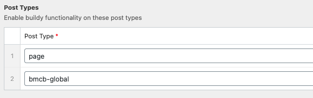 Buildy admin settings post types