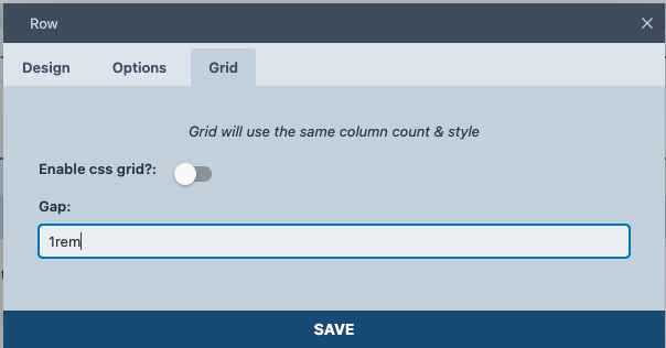 Buildy admin settings Col Gap
