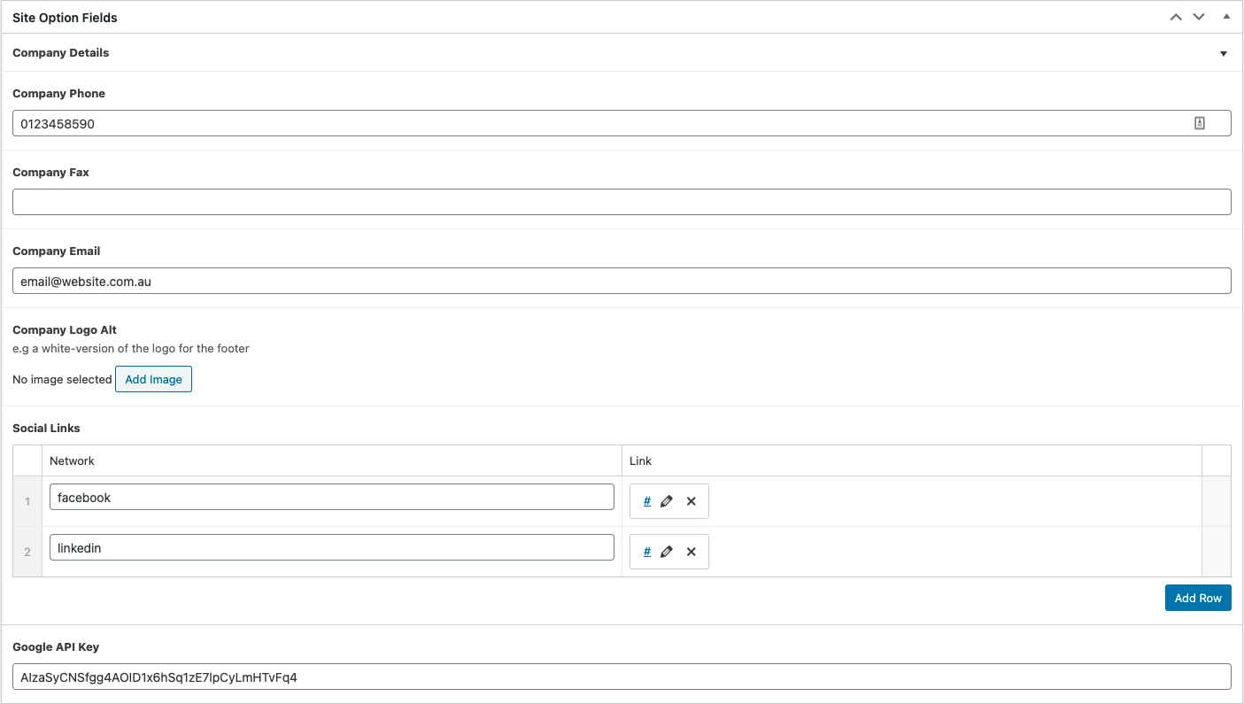 Screen shot of Site Options